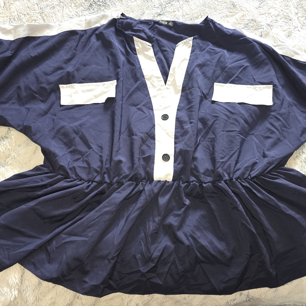 Shein Women's Plus Size Navy and White V-Neck Peplum Blouse